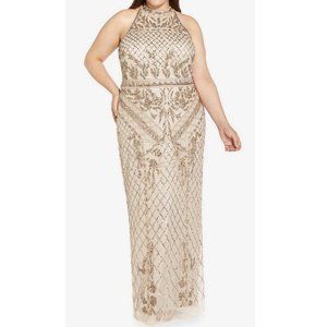 Adrianna Papell Plus Size Mock Neck Beaded Column Dress With T-Back In Biscotti